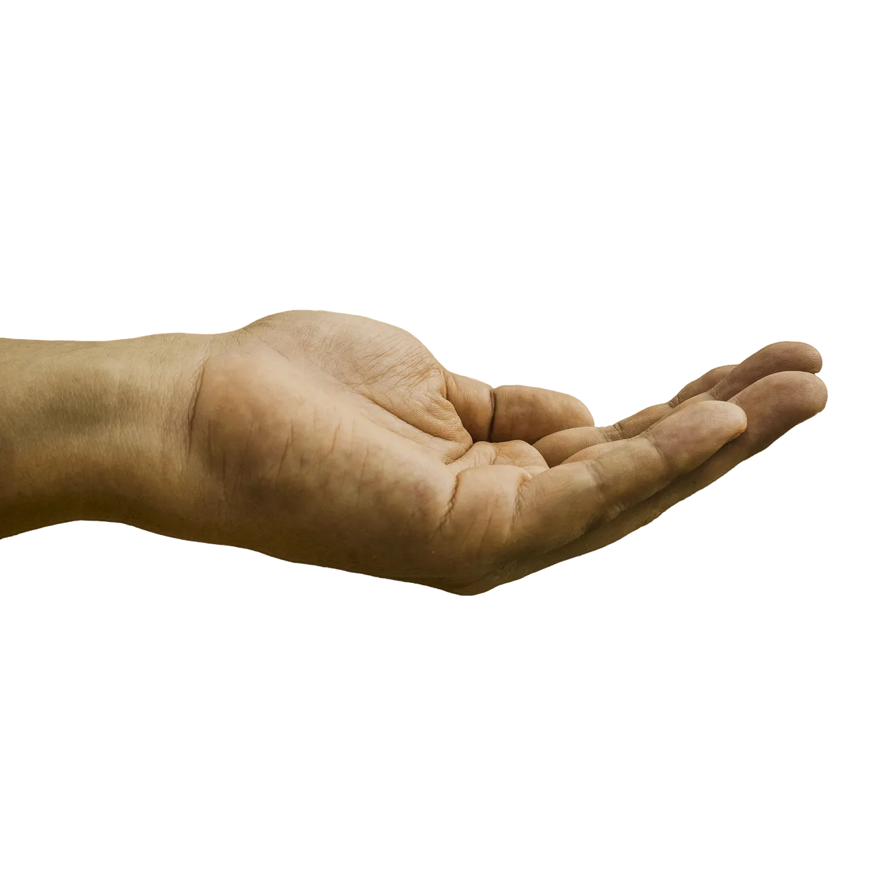 Fingers crossed, a man’s hand gently holding an open palm, symbolizing support, trust, and connection with a neutral beige ba