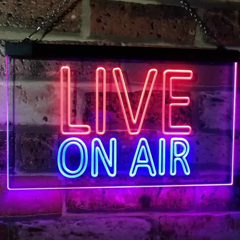 LIVE ON AIR neon sign for radio, podcast, or streaming studio, vibrant colorful LED sign, perfect for broadcasting, entertain
