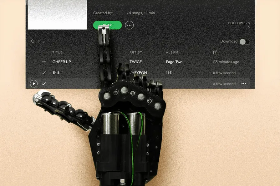 Robotic hand creating digital music playlist on screen, AI-generated music curation, music industry technology innovation, mu