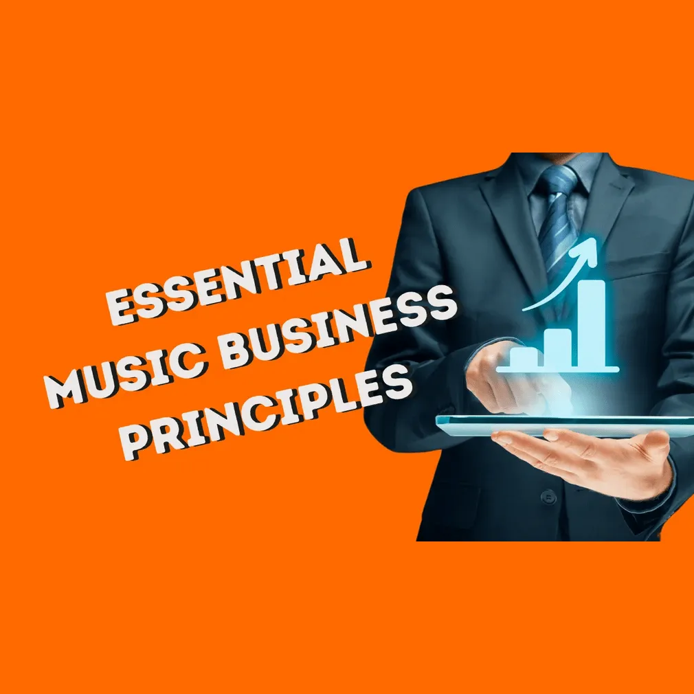 Businessman in a suit holding a digital tablet with an rising growth chart, emphasizing essential music business principles f