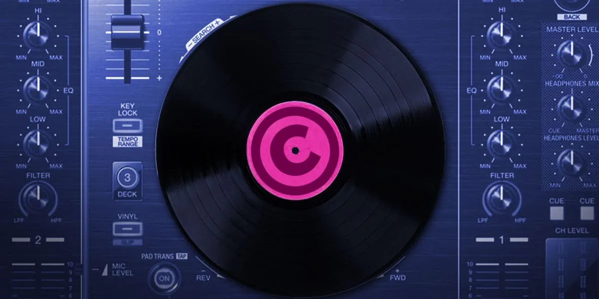 A vinyl record on a DJ turntable with colorful control knobs and equalizer settings.