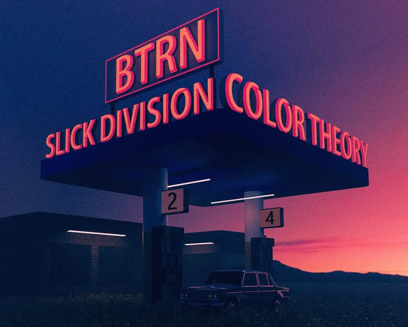 Bright neon sign at dusk displaying "BTRN" and "Slick Division Color Theory" on a gas station billboard, with a vintage car p