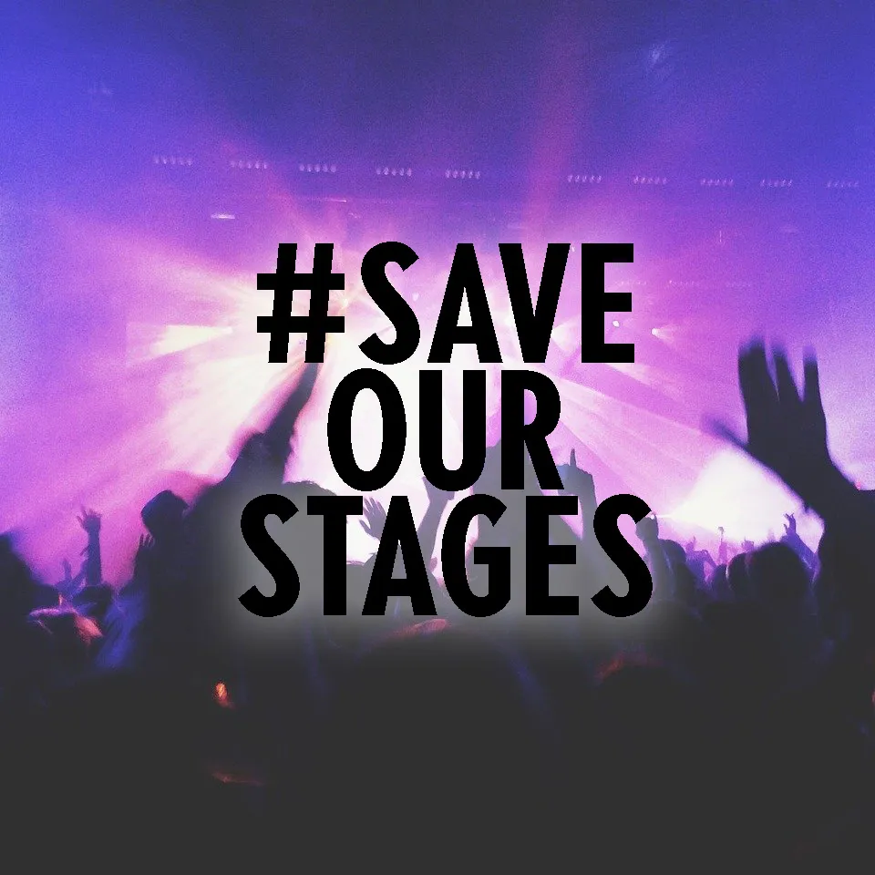 #SAVE OUR STAGES protest with a concert crowd in front of vibrant purple stage lighting.