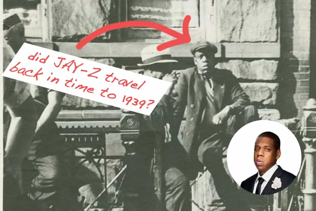 Traveling man from 1939 with humorous handwritten note about Jay-Z's travel timeline, vintage black-and-white photo, music hi