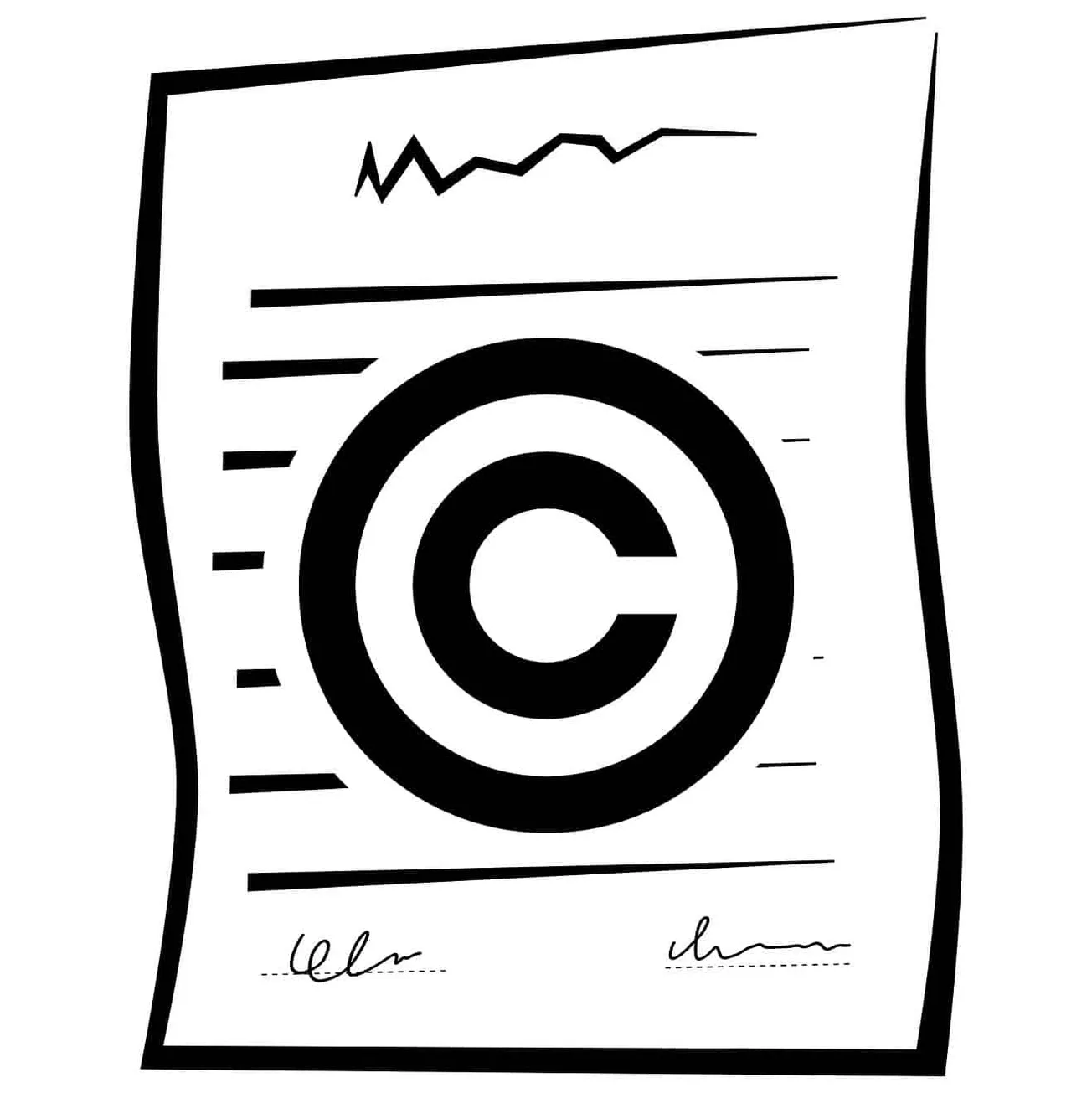 Copyright symbol on music or media rights document, black and white line art.