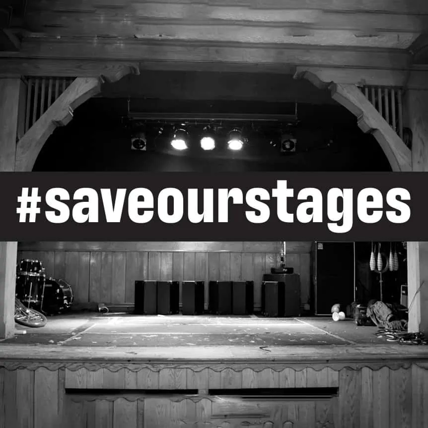 Save your stages concert venue, music performance, hashtag banner on empty stage, black and white, acoustic or live music sce