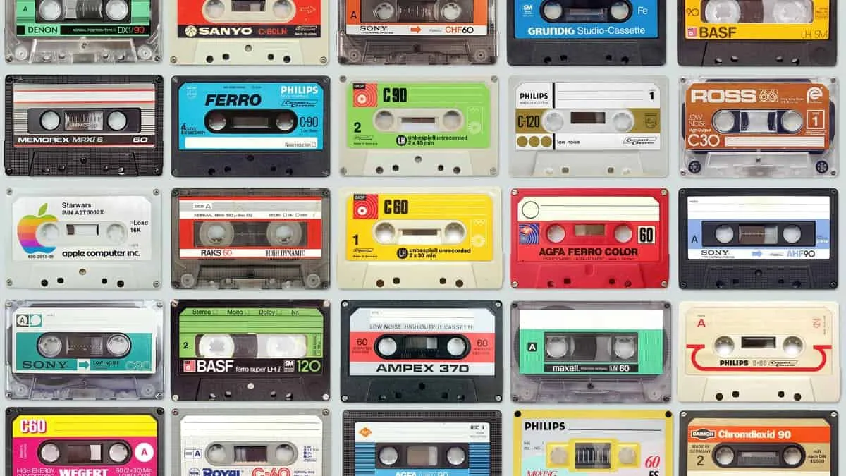 Cassette tapes collection for music and audio recording, vintage analog tapes, colorful tape labels, music industry memorabil