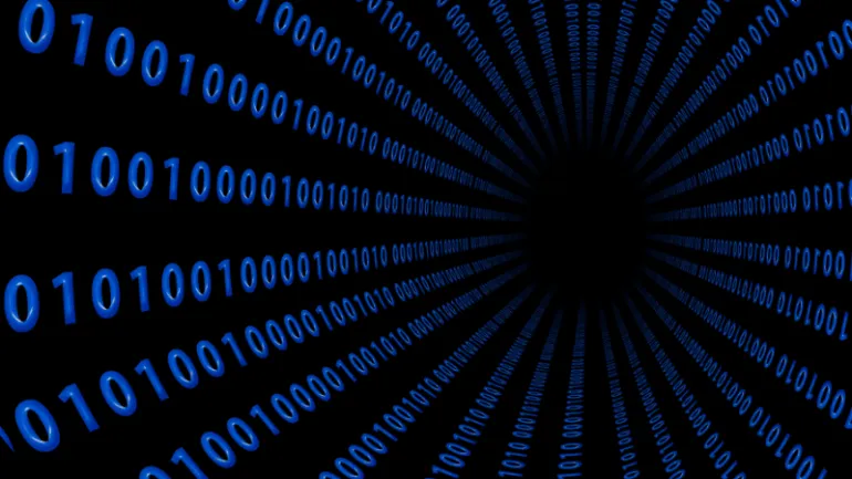 "Digital data stream represented by binary code in a tunnel-like visualization, emphasizing music industry analytics, digital
