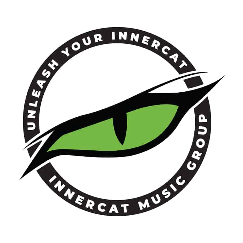 Vibrant green eye with black accents and circular text, representing Innercat Music Group's focus on innovative music and inn