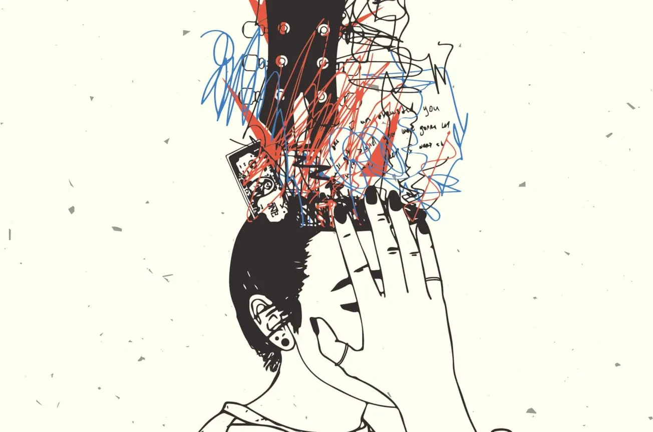 Mindfulness and mental health awareness concept with a woman holding her face, colorful scribbles, and handwritten notes symb