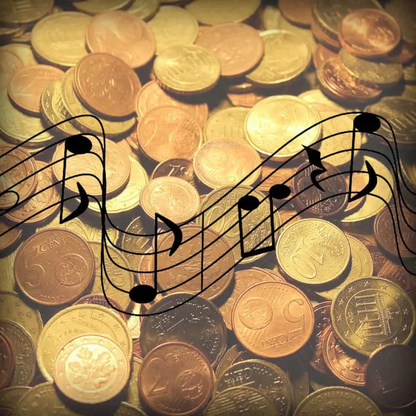 Coins and musical notes overlay representing music industry revenue and monetization.