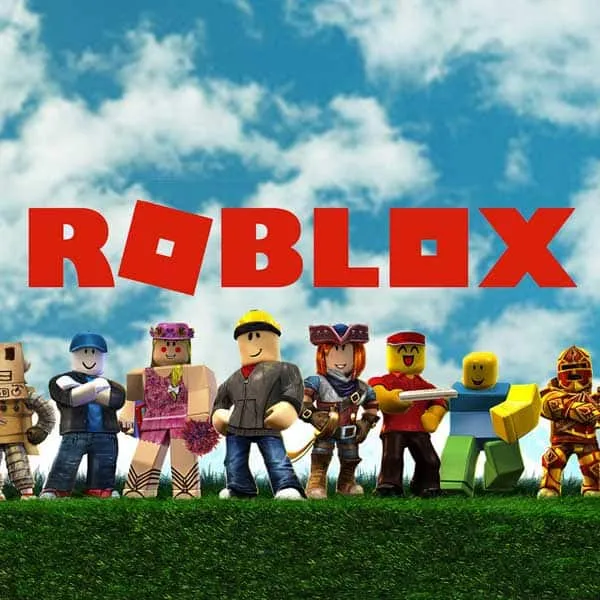 Roblox characters with the Roblox logo flying high in the sky, showcasing popular gaming avatars and vibrant colors, perfect