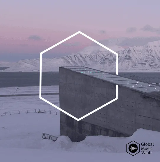 Deep frozen landscape with a modern structure, snowy mountains in the background, and digital graphic overlay, representing i