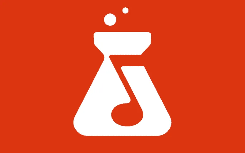 Flask with musical note icon representing music technology and digital media, Hypebot logo, modern graphic design for music i