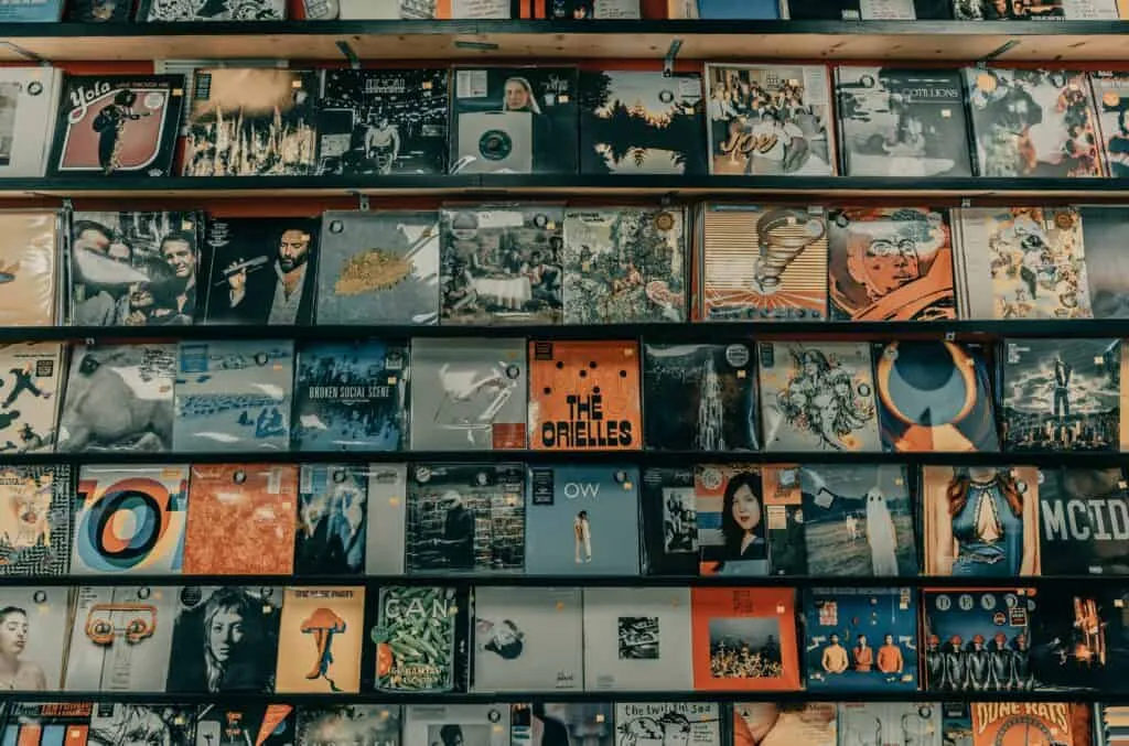 Colorful vinyl record album covers displayed on a store shelf showcasing diverse music genres.