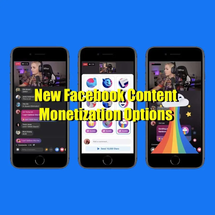 Live streaming content on Facebook with monetization options, featuring a gamer with headphones, interactive viewer engagemen