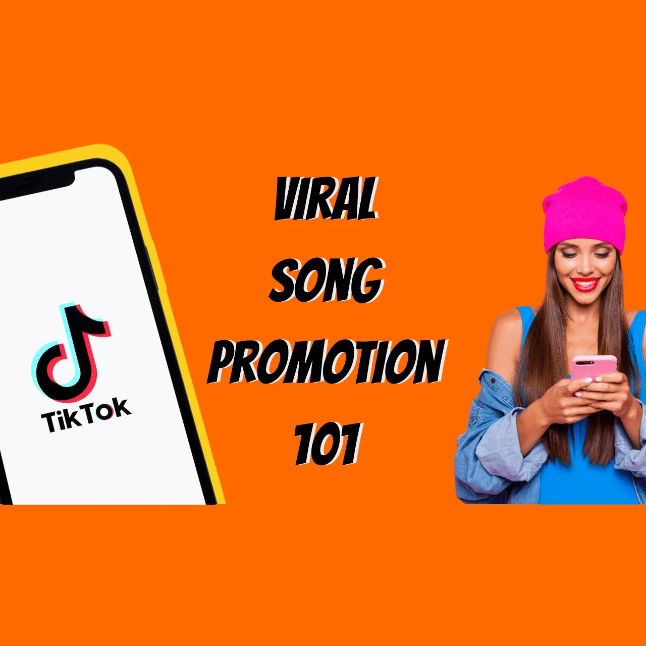 TikTok app screen with colorful overlay promoting viral song marketing tips for musicians and creators.