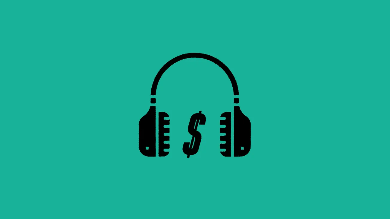 Headphones with dollar sign icon on teal background, representing music monetization, music industry, or financial aspects of