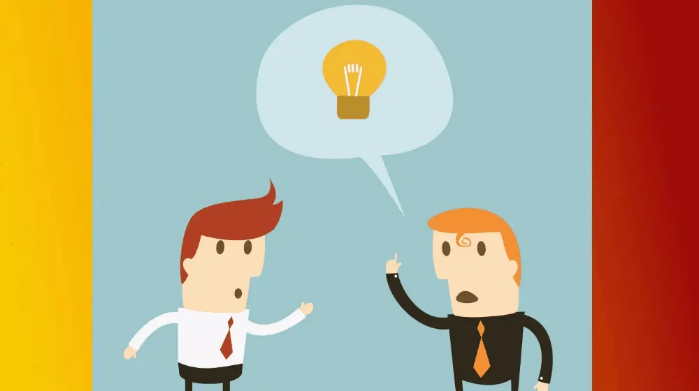 Innovative business ideas brainstorming, two cartoon businessmen discussing creative solutions, light bulb thought bubble, of
