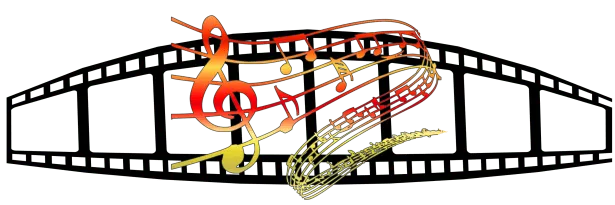 Music production and digital audio artwork featuring musical notes, a filmstrip border, and colorful abstract elements, repre