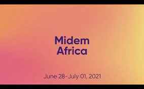 Midem Africa event banner, showcasing music industry conference held from June 28 to July 01, 2021, emphasizing digital music