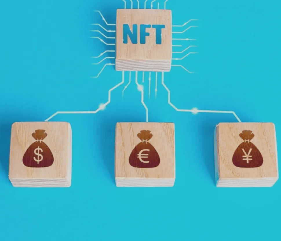 NFT blockchain technology illustration with currency icons on wooden blocks representing digital assets and cryptocurrency pa