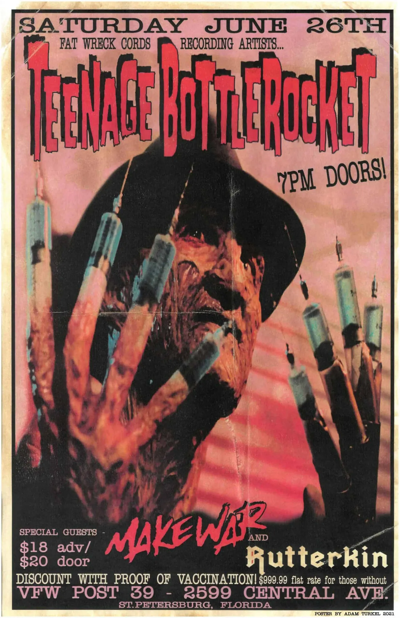 Teenage rock concert poster featuring a horror-inspired design, with dark colors and syringe art, promoting an event in St. P