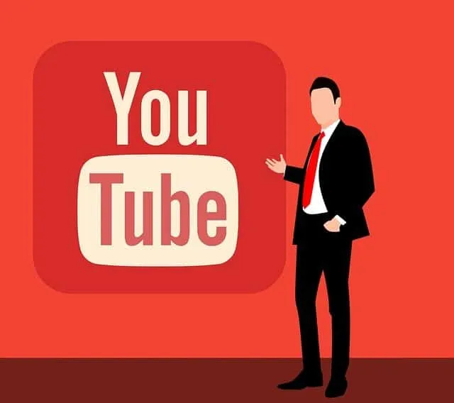 YouTube logo with a business professional pointing towards it, representing digital marketing and content creation on YouTube