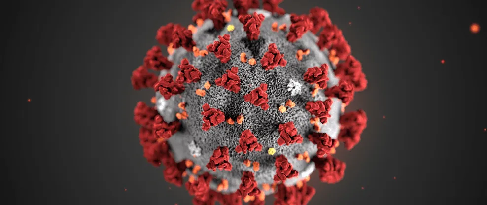 SARS-CoV-2 coronavirus particle with spike proteins, COVID-19 virus illustration for pandemic news, health updates, and scien
