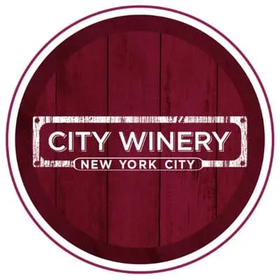 Elegant logo of City Winery New York City featuring a red wooden background and white text, representing a popular venue for