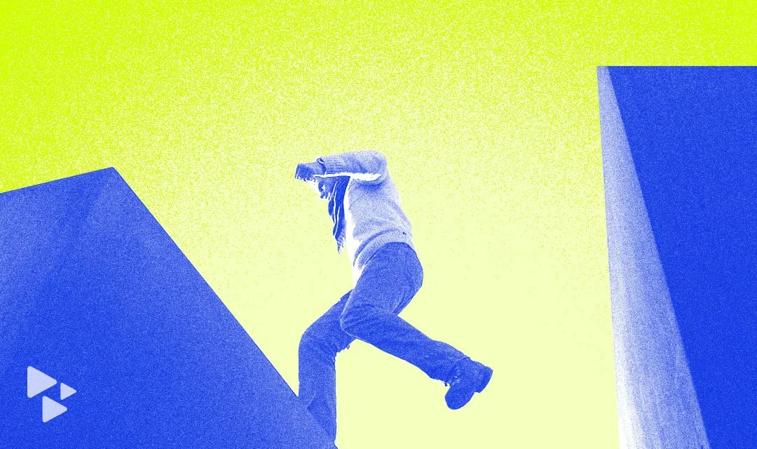 Man jumping between blue and yellow abstract shapes in a modern digital art style, with focus on music industry innovation an