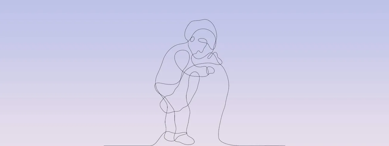 Single line art illustration of a parent hugging a child, emphasizing family love and emotional connection, ideal for music i