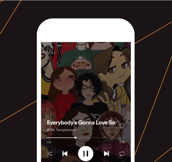 A cartoon-style illustration of diverse characters on a mobile screen with music controls, representing music streaming and d
