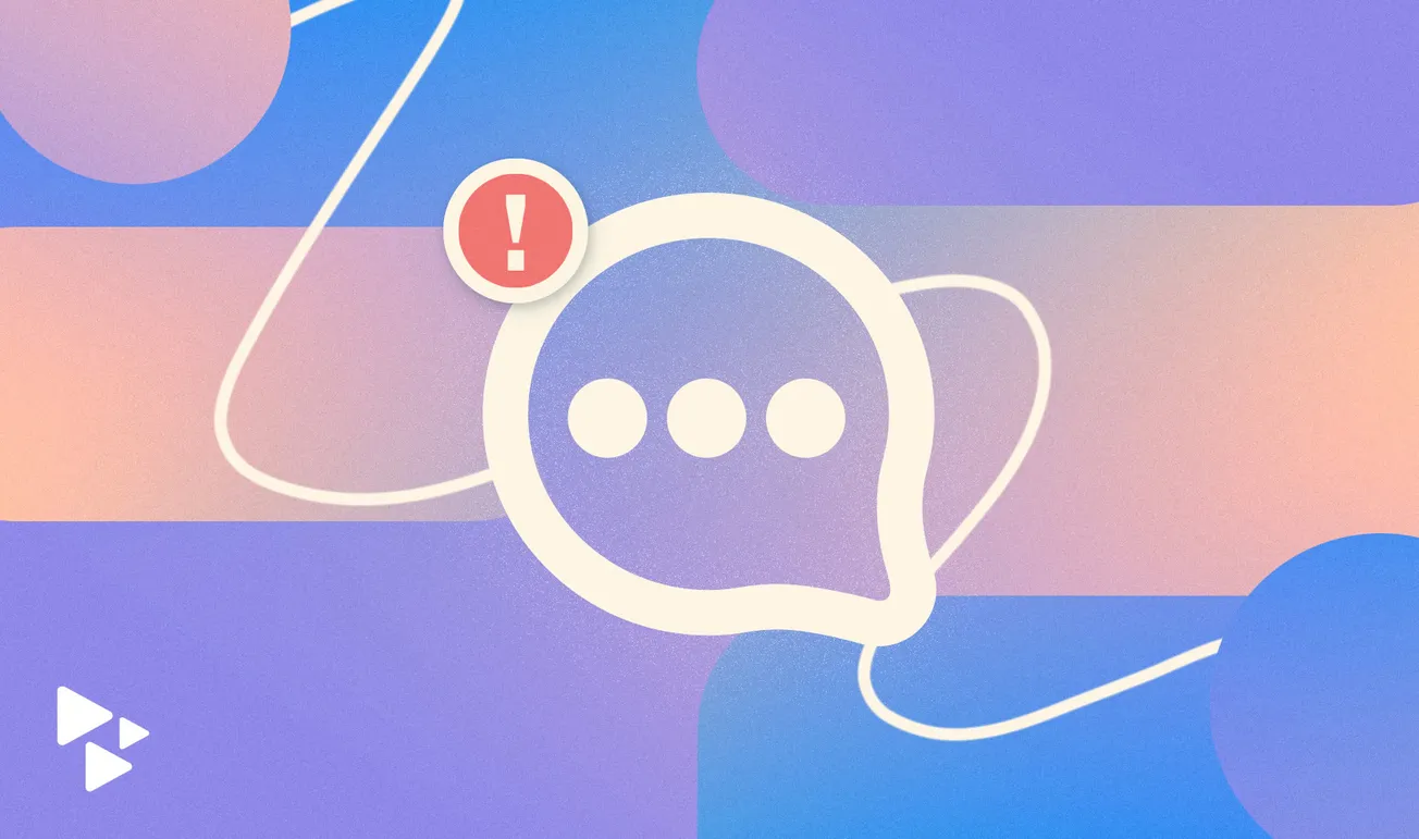 Chat app notification icon with warning alert against colorful geometric background for digital communication and social medi