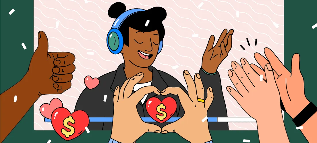 Happy woman enjoying music with headphones, surrounded by people making heart and thumbs-up gestures, symbolizing support and