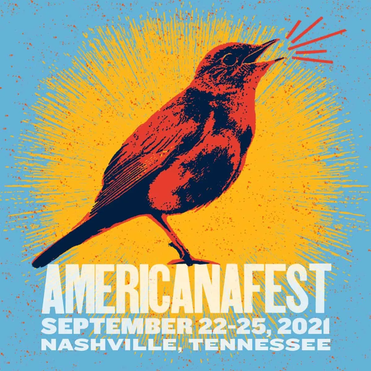 Vibrant illustration of a bird singing with sound waves, promoting AmericanaFest 2021 in Nashville, Tennessee, highlighting m