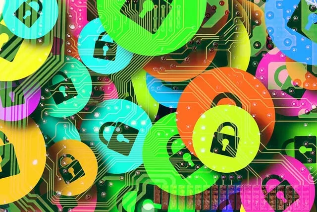 Encrypted digital lock icons on colorful circuit board background, representing cybersecurity and data protection.