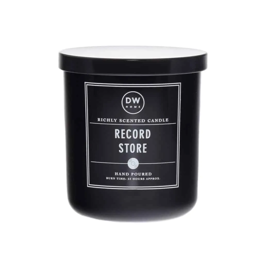 Black scented candle with white label featuring "Record Store" branding and "DW Home" logo, ideal for music lovers and home d