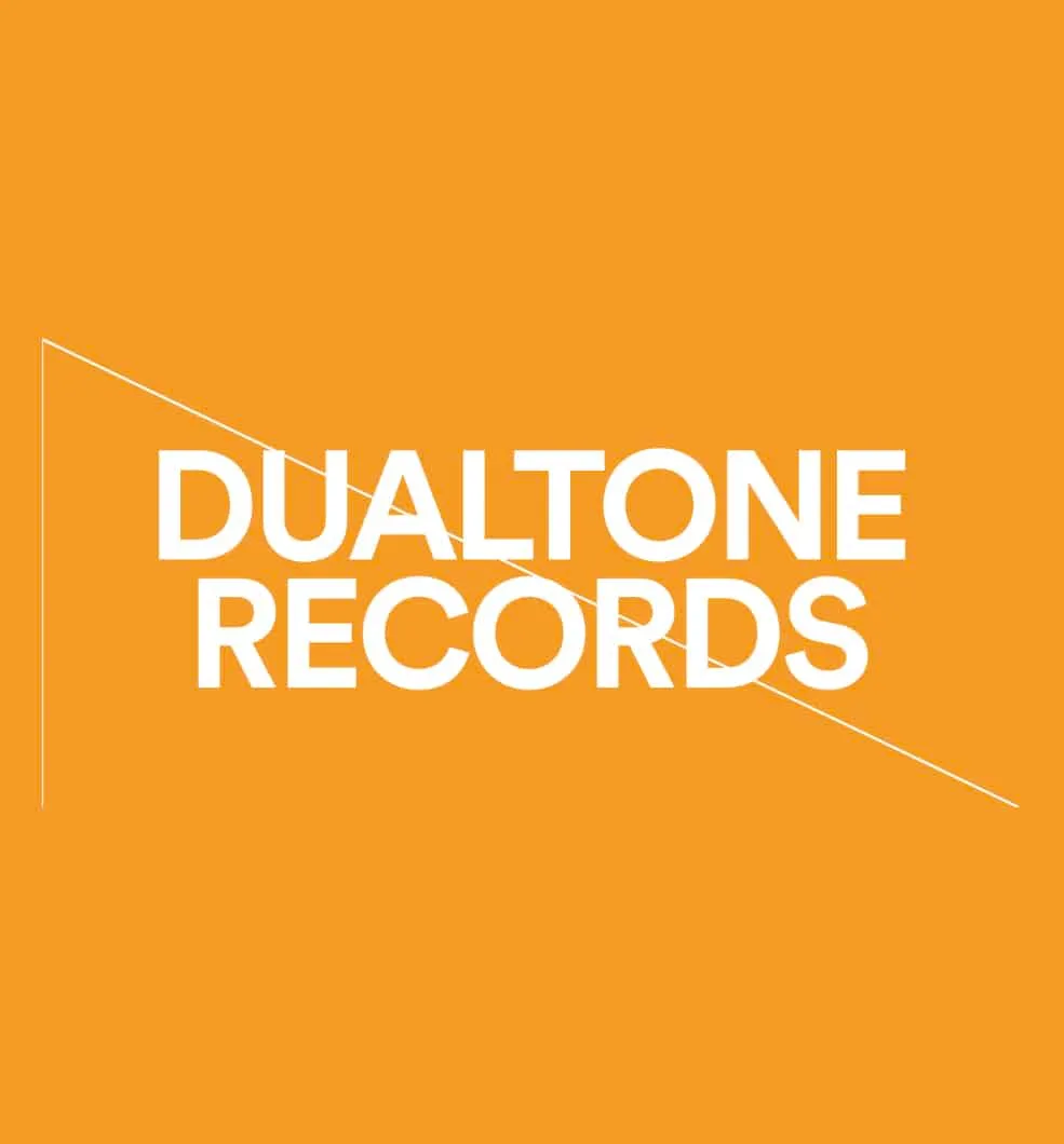 Dualtone Records logo on orange background, music record label branding, independent music label, music industry branding, vi