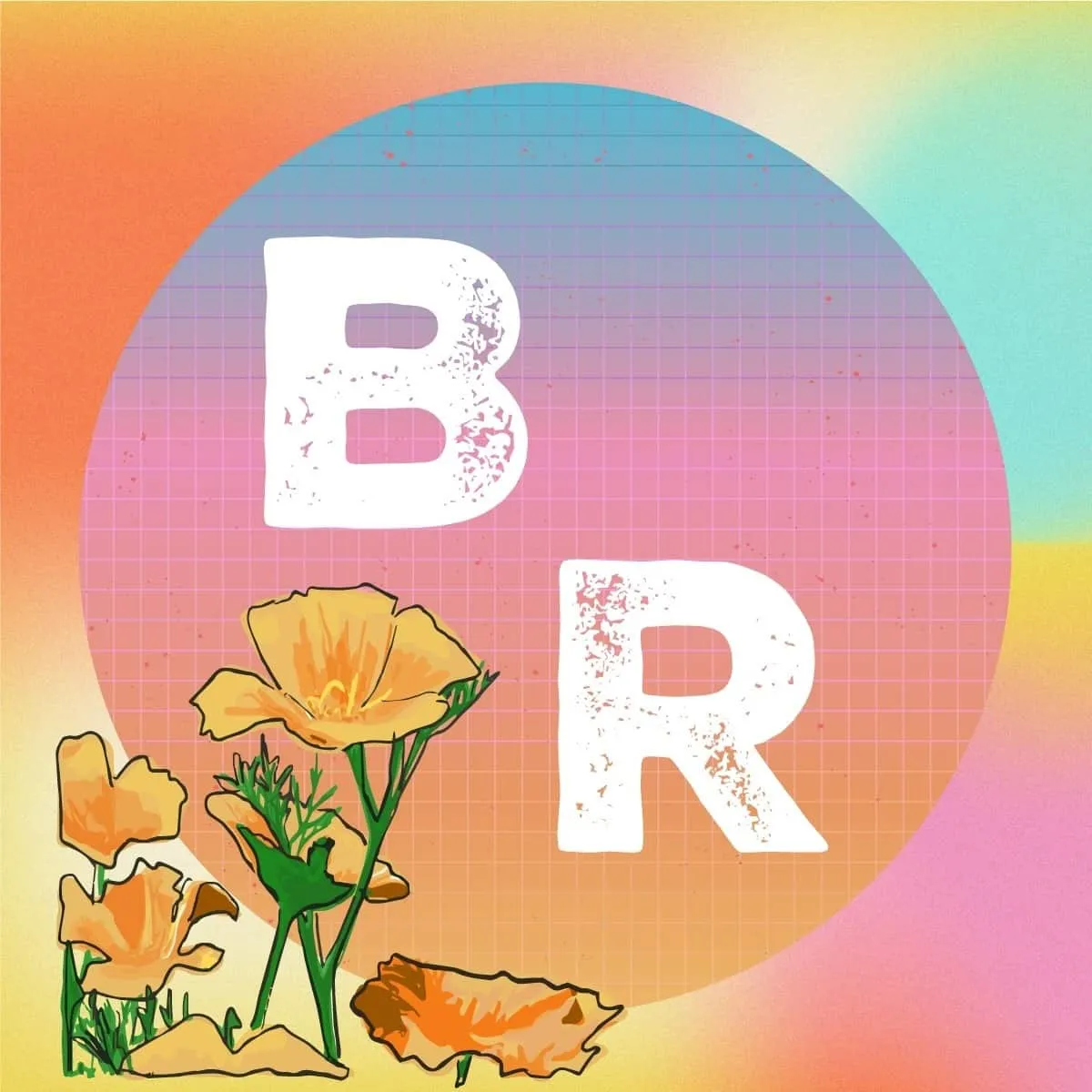 Colorful digital art featuring the letters "B" and "R" with a background gradient and grid overlay, complemented by illustrat