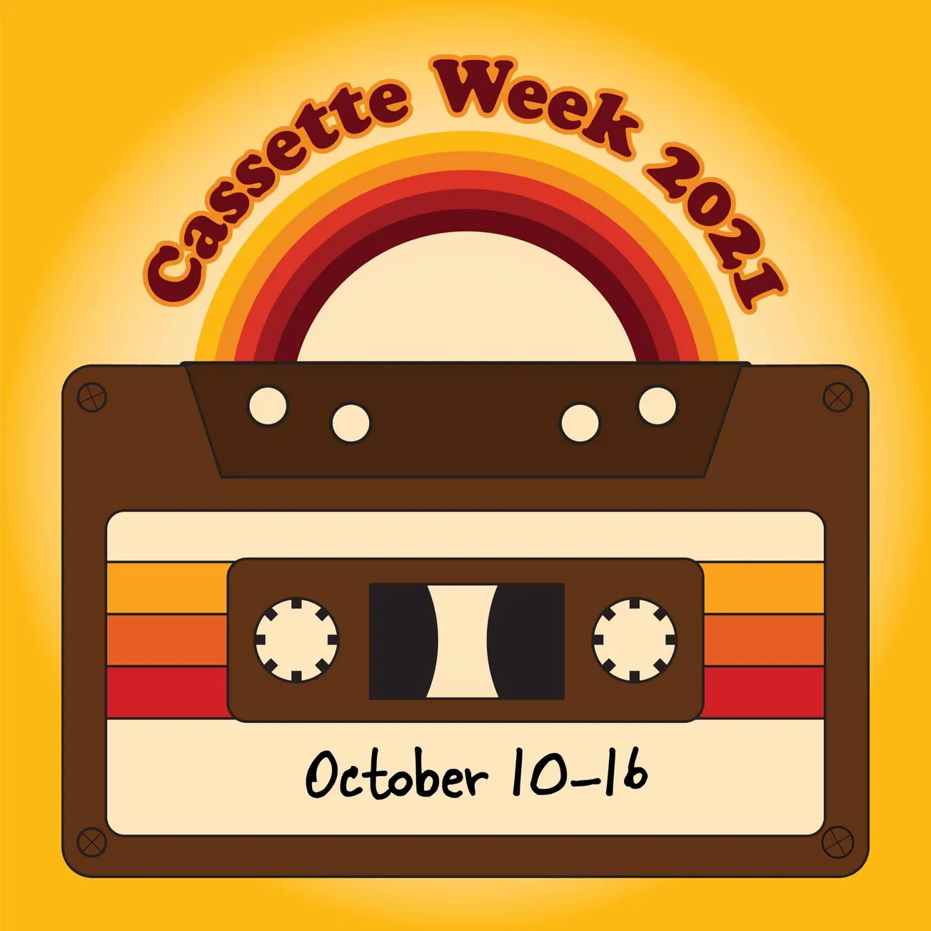 Cassette week 2021 banner with retro tape and rainbow design, celebrating Cassette Week from October 10-16, 2021, emphasizing
