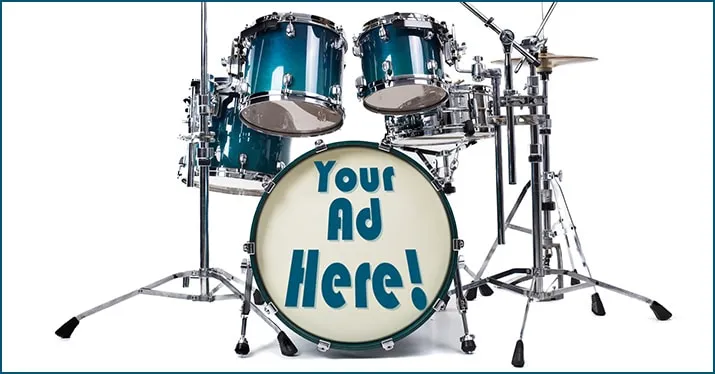 Dynamic drum set with customized "Your Ad Here" on bass drum for music marketing and advertising promotion opportunities. Per