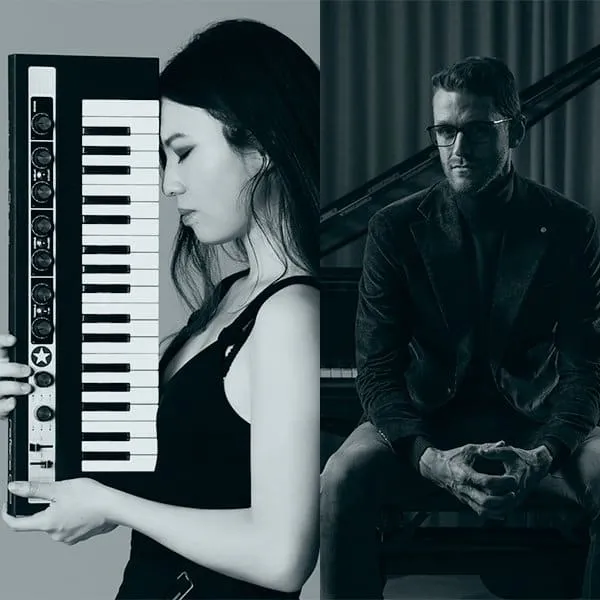 Keyboard synthesizer music production, musician and composer in recording studio, electronic music artist working on music, m