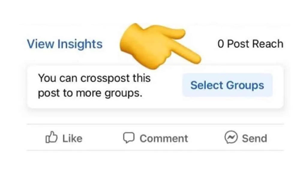Crosspost social media post to groups with insights button on Facebook image, social media marketing, group sharing, post rea