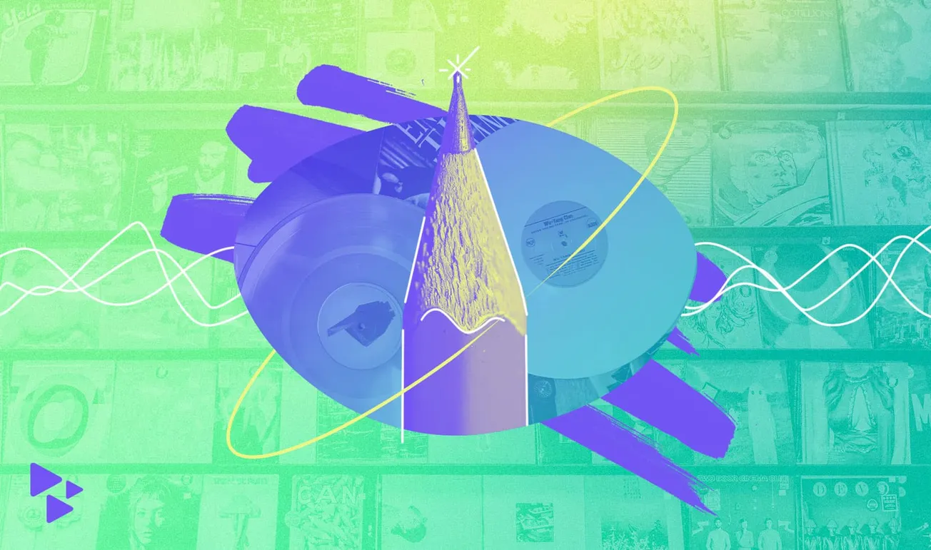 Viral music records and turntables layered with colorful digital graphics, representing music industry innovation and streami