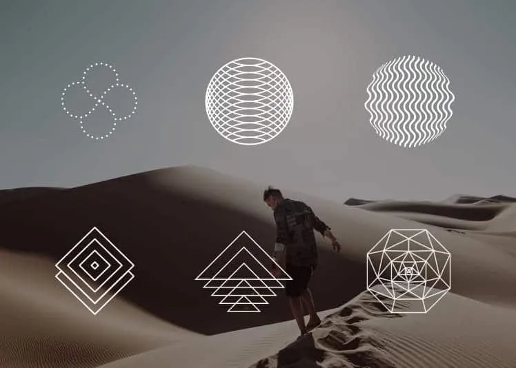 Vivid desert landscape with digital geometric overlay, futuristic abstract shapes, and a person walking through sand dunes, r