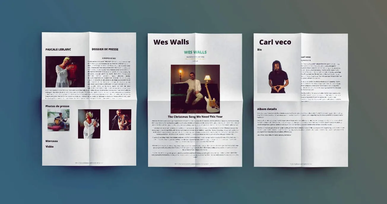 Brochure featuring artist profiles and press photos, showcasing music industry updates and promotional materials for musician