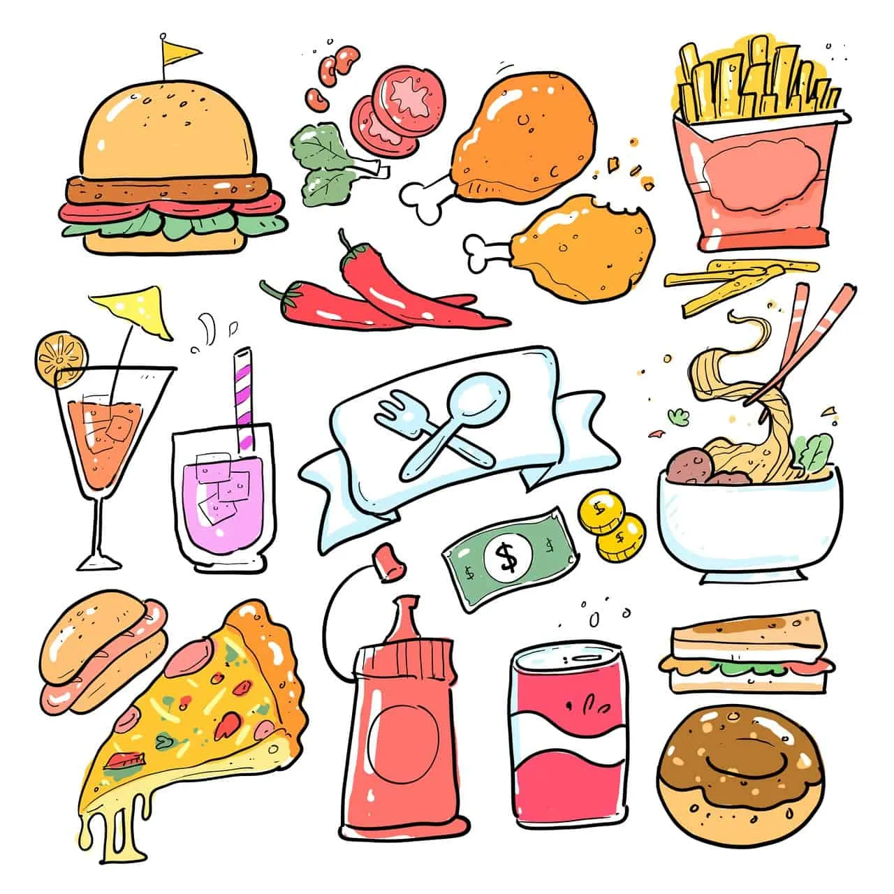 Colorful hand-drawn illustration of fast food, beverages, and snacks, showcasing popular items like burgers, fries, pizza, so