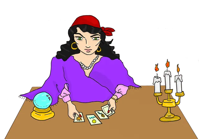 Mystical fortune teller woman consulting with tarot cards on a wooden table, candles, crystal ball, mystical advice, gender-n
