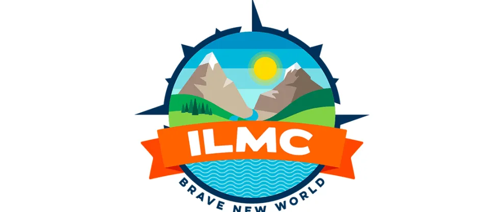 Sunrise over mountains with a bright yellow sun, trees, and water, featuring the ILMC logo and slogan "Brave New World," repr
